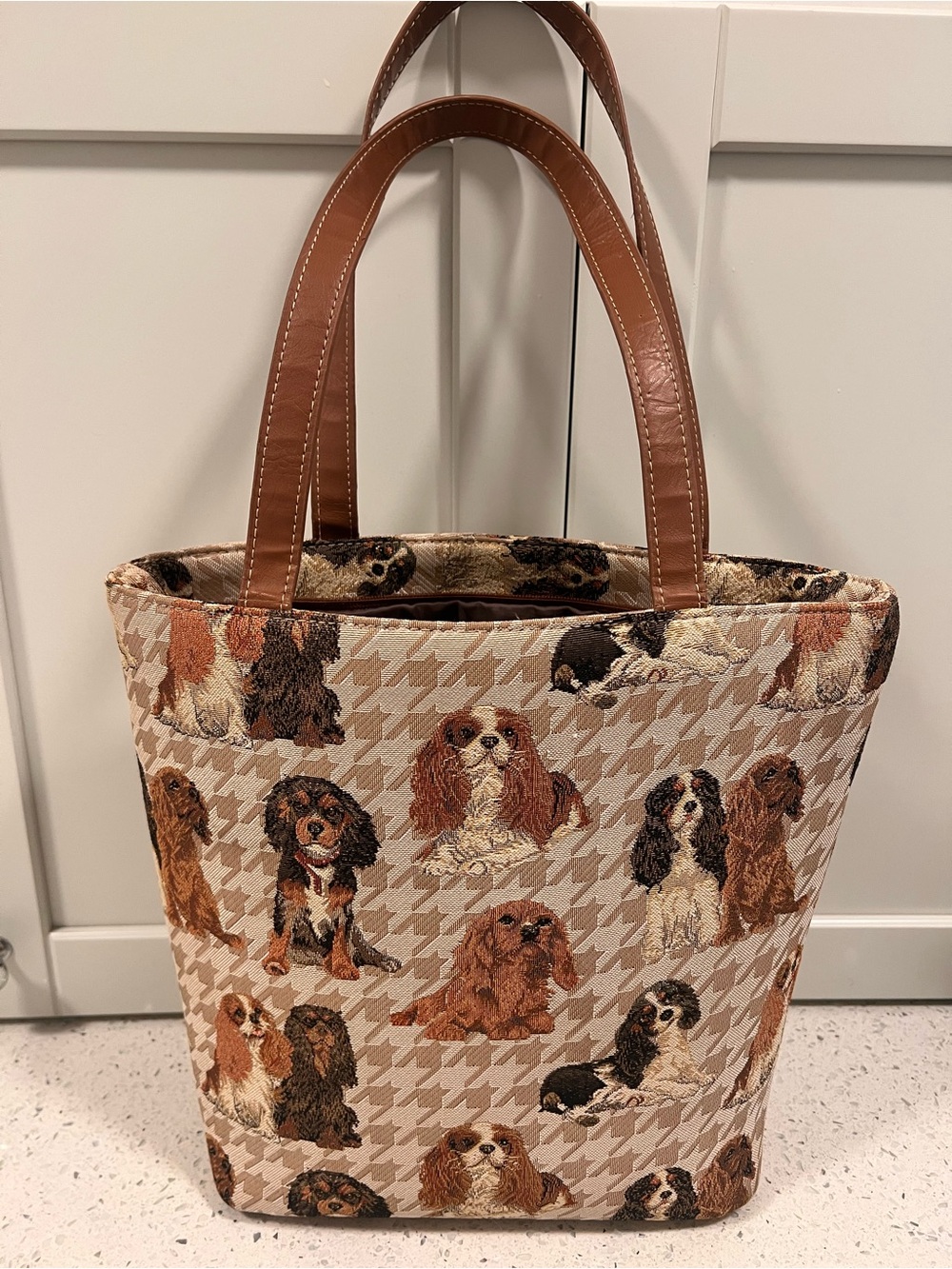 SIGNARE Tapestry Woven Zippered Tote Bag | Cavalier King Charles Dog Pattern